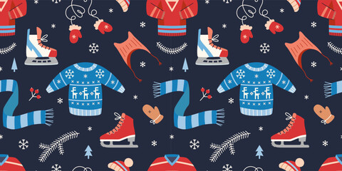 Seamless pattern with ice skating equipment and clothing for winter sport, leisure and outdoor recreation. Trendy vector illustration on a dark background, hand drawn, flat design