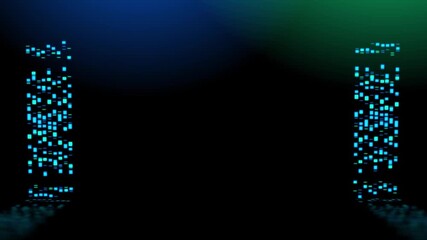 Abstract data stream with luminous blue and green lights in a dark environment