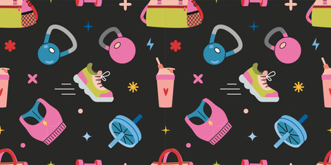 Seamless pattern with gym and fitness equipment for workout, training and healthy lifestyle. Sport accessories and clothes. Trendy vector illustration on a dark background, hand drawn, flat design