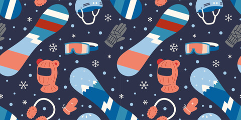 Seamless pattern with snowboarding equipment and winter accessories for extreme sport and outdoor leisure. Trendy vector illustration on a dark blue background, hand drawn, flat design