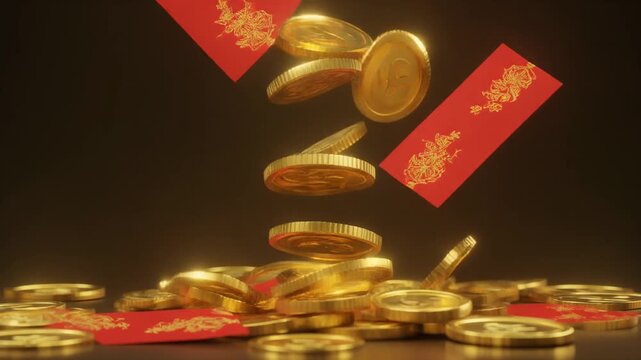 Gold coins and red envelopes drifting smoothly