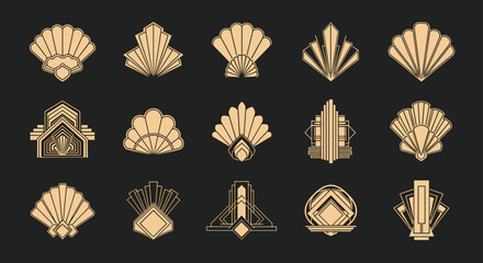 Collection of fifteen gold art deco style shell and fan shaped geometric ornaments on a dark background for luxury branding or decor.