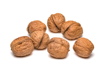 Many walnuts or Juglans regia with closed or unopened shells isolated on white background