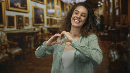 Woman smiling makes heart shape with hands and sometimes points in gallery building filled with framed paintings and ornate chairs; love connection.