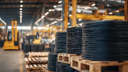 382Close-up of multiple black industrial cable coils, stacked in a warehouse or factory setting, overhead lighting creating glint and reflections on rubberized surfaces - Powered by Adobe