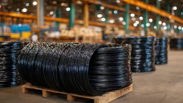 383Close-up of multiple black industrial cable coils, stacked in a warehouse or factory setting, overhead lighting creating glint and reflections on rubberized surfaces
