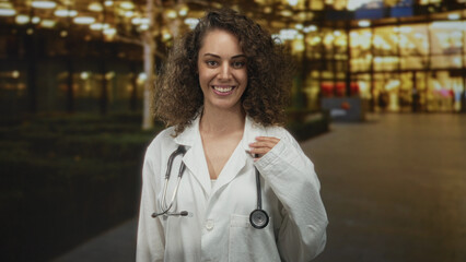 Young woman doctor in white coat with stethoscope smiling while holding coat lapel in front of...