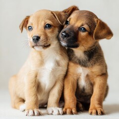 Fototapeta premium two cute puppies sitting together, emotional bond, soft natural light, clean background