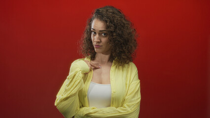 Fototapeta premium Woman pointing finger to chest with folded arm, wearing yellow shirt showing visible chest in red studio; skepticism.