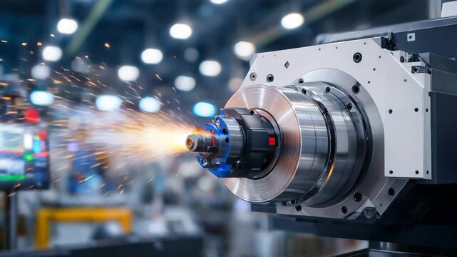 407Detailed view of a lathe chuck holding a cylindrical workpiece, tool and jaw edges in sharp focus, metallic textures and workshop lighting creating a high-tech industrial atmospher