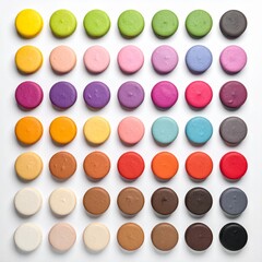 Top-down view of a neatly arranged grid of round, flat objects in assorted colors, placed on a white surface, including vibrant shades of yellow, green, pink, purple, red, blue, brown, and black.