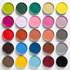 Top-down view of a neatly arranged grid of round, flat objects in assorted colors, placed on a white surface, including vibrant shades of yellow, green, pink, purple, red, blue, brown, and black.
