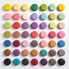 Top-down view of a neatly arranged grid of round, flat objects in assorted colors, placed on a white surface, including vibrant shades of yellow, green, pink, purple, red, blue, brown, and black.