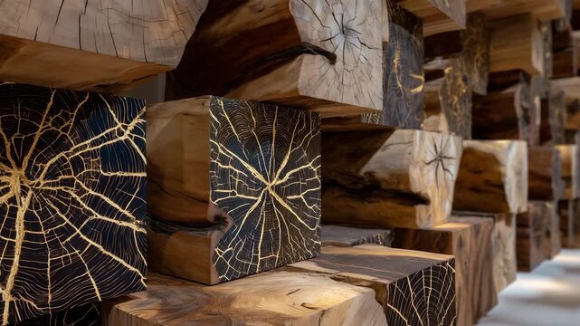 414Macro view of a wall composed of stacked aged wood blocks, intricate cracks and knots visible, warm natural colors contrasting with modern interior lighting