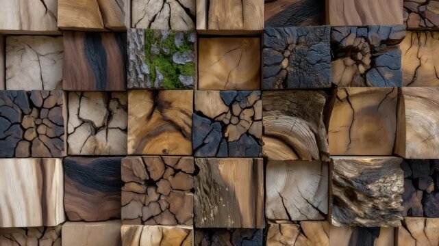 416Macro view of a wall composed of stacked aged wood blocks, intricate cracks and knots visible, warm natural colors contrasting with modern interior lighting