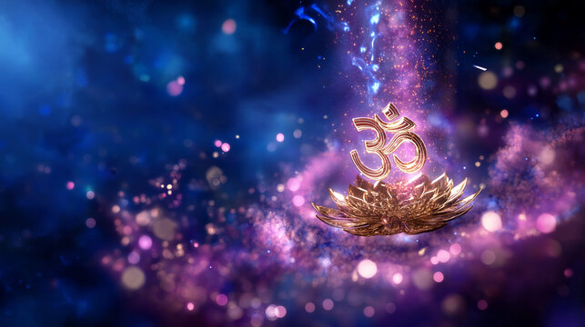 Divine cosmic chant mantra representation, deity spiritual phrase, sacred syllables glowing, meditation concept, religious energy, defocused cosmic background, with copy space