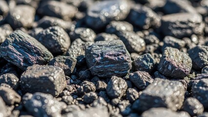 Close up of rough black coal chunks scattered on the ground.