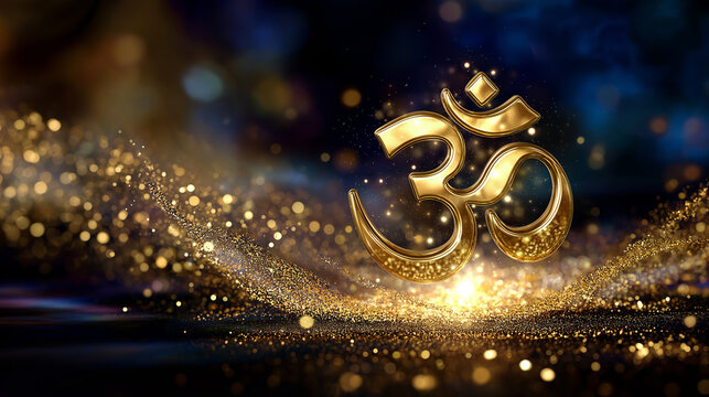 Divine mantra golden particles visualization, spiritual chant energy, sacred syllables glowing, meditation concept, cosmic spirituality, defocused particle flow, with copy space
