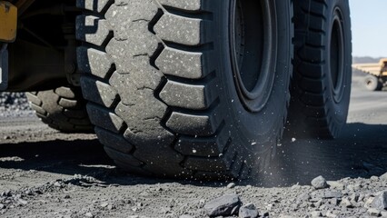 Close-up of a large industrial vehicle tire on a rough, rocky surface.