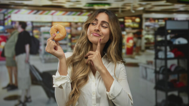 Blonde woman holds glazed donut by index finger and thumb in supermarket; temptation craving indecision.