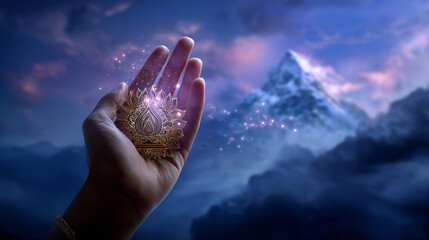 Divine hand holding sacred symbols faceless, mountain concept, spiritual gesture, religious iconography, deity attributes, defocused cosmic backdrop, with copy space
