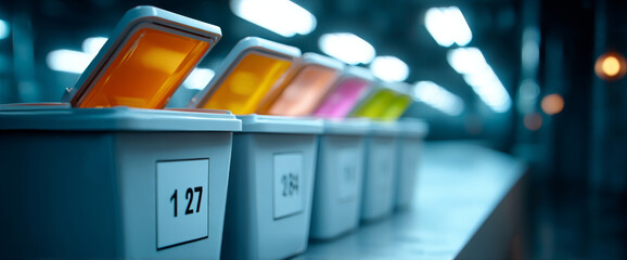 Row of colorful recycling bins with open lids in a modern indoor facility, emphasizing waste sorting and environmental sustainability