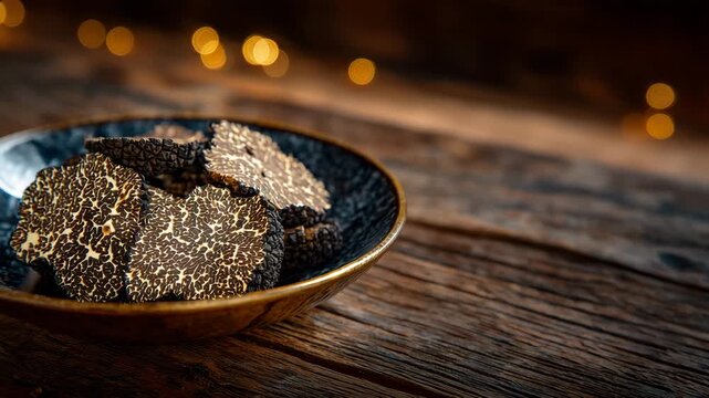 Artistic arrangement of black truffle slices in a shallow bowl, elegant composition with soft lighting, textured surfaces of truffles accentuated, high-end culinary aesthetics