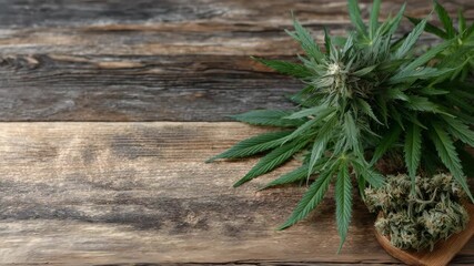 Botanical close-up of cannabis leaves and buds on wood grain, natural textures and tones, minimalist composition, calm educational visual for Cannabis Awareness Month