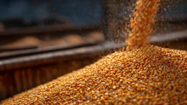 Close-up action shot of corn kernels flowing out of a metal grain bin, glossy golden textures and natural color variation visible, dust particles floating in the air, harvest and a