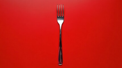 Modern stainless steel fork with reflective surface and minimalistic red background for contemporary visual appeal.
