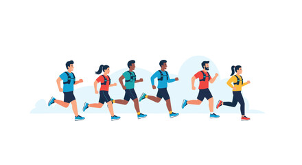 Fototapeta premium Diverse group of male and female runners participating in a marathon or jogging together, wearing hydration packs and athletic gear.