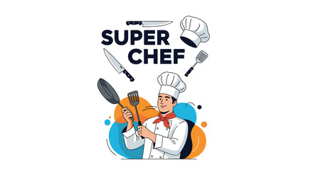 Confident young male chef with the title 'Super Chef' juggling cooking utensils like a spatula, pan, and knives with a chef hat.
