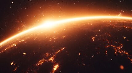Space view of planet with fiery glowing surface, intense light at the horizon, and starry sky image