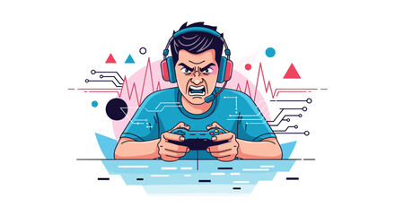 Angry and intense young man wearing headphones and playing a video game with a controller, surrounded by abstract tech graphics.