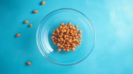 Top view of beans soaking in water, glass bowl placed on blue background with scattered beans.