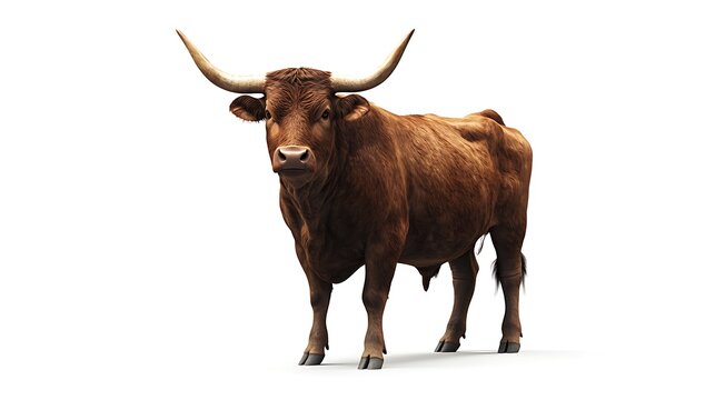 Realistic brown bull with visible muscles and large horns, 3D design showcasing lifelike features and detail.