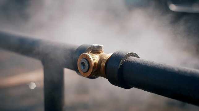 Close up of a brass fitting on an industrial pipe releasing steam with atmospheric mist