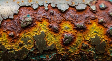 Extreme closeup of a heavily corroded multilayered metal surface with vibrant rust peeling paint and patina