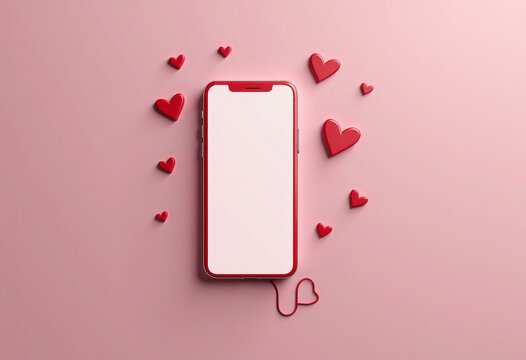 Online dating profile concept, smartphone on clean background, heart icons, minimal style, copy space