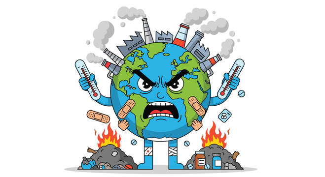 Angry and sick cartoon planet Earth character suffering from pollution, holding thermometers and standing on piles of trash and fire.
