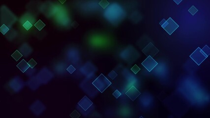Abstract glowing blue and green diamonds moving across dark background