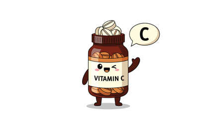 Fototapeta premium Cute cartoon character of a winking vitamin C supplement bottle full of tablets, promoting health, wellness, and immunity boost.