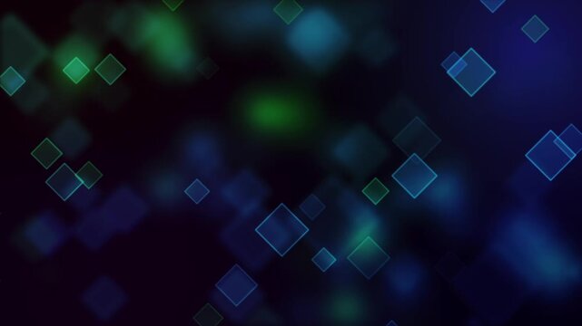 Abstract glowing blue and green diamonds moving across dark background
