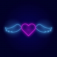 Pink neon heart with wings icon vector illustration