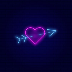Pink neon heart with arrow icon vector illustration