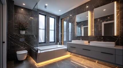Luxurious Modern Bathroom with Ambient Lighting, Marble Finishes and Contemporary Elegant Design