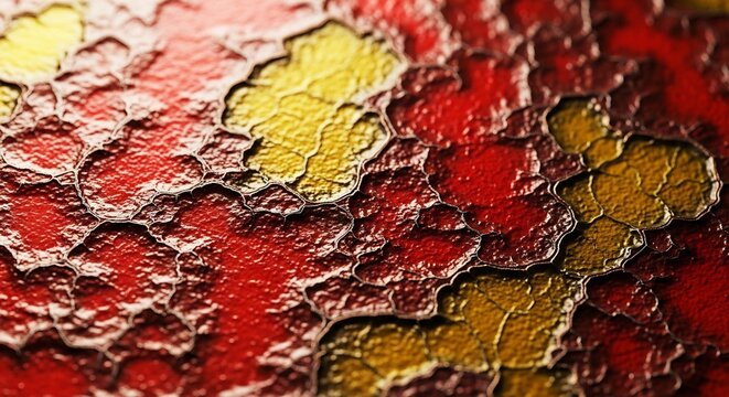 Textured surface with irregular red patches peeling to expose bright yellow beneath framed by dark lines