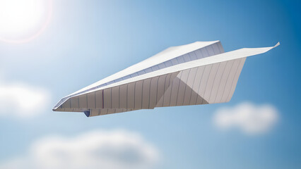 Paper airplane soaring through a serene blue sky with fluffy white clouds