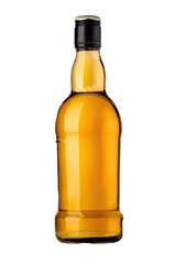 Whiskey bottle with amber liquid on transparent background