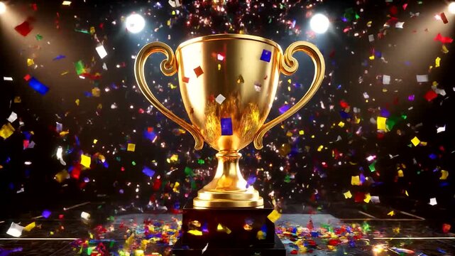 Golden Trophy On Reflective Podium